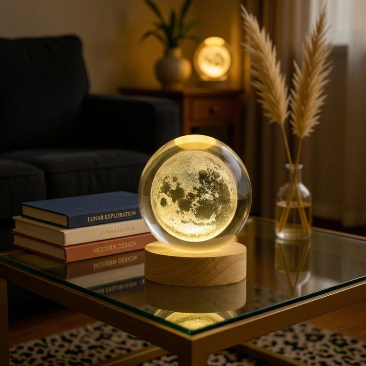 3D Crystal Moon Lamp with Wooden Base – LED Night Light, USB Powered Decorative Moon Light & Romantic Gift for Couples