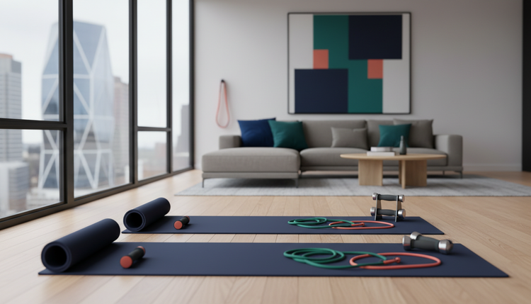 Bright living room with yoga mats, resistance bands and dumbbells